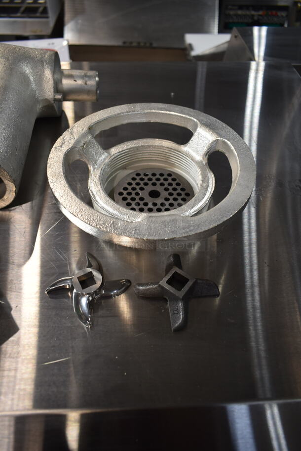 BRAND NEW SCRATCH AND DENT! Metal Commercial Meat Grinder Attachment w/ Tray and Pusher. See Pictures for Crack on Underside - Image 3 of 8