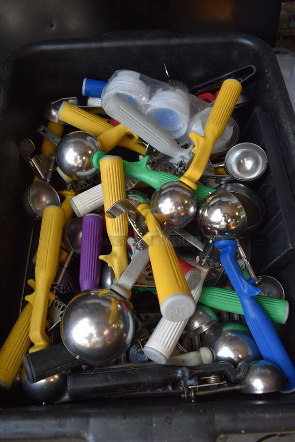 ALL ONE MONEY! Lot of Various Utensils Including Scoopers in Black Poly Bus Bin!