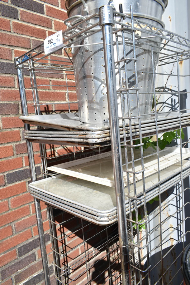 Metal Pan Transport Rack on Commercial Casters w/ Contents Including Colander and Metal Baking Pans.  - Image 3 of 4
