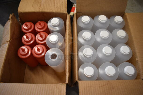 ALL ON EMONEY! Lot of 21 Poly Condiment Bottles; 15 Clear and 6 Red. Missing 1 Lid. Includes 3x3x8.5