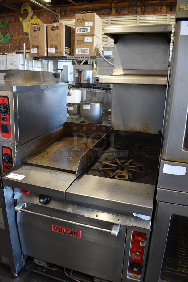 Vulcan GH60T45 Stainless Steel Commercial Natural Gas Powered 2 Burner Range w/ Flat Top Griddle, Oven and 2 Over Shelves on Commercial Casters. 34x40x72 - Image 2 of 9