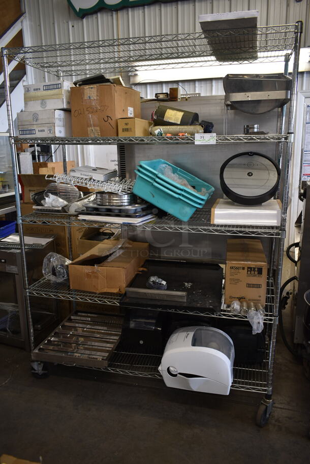 ALL ONE MONEY! Metro Lot of Various Items Including Blue Bins, Metal Hood Filter, Dispensers and Chafing Dish. Does Not Include Shelving Unit. 