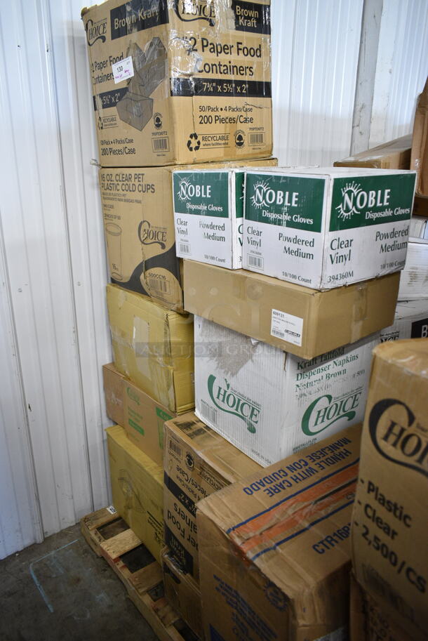 PALLET LOT of 20 BRAND NEW Boxes Including 2 Box 795PTOKFT2 Choice 7 3/4" x 5 1/2" x 2" Kraft Microwavable Folded Paper #2 Take-Out Container - 200/Case, 500CC16 Customizable Plastic Cold Cup, 2 Box 394360M Noble Products Powdered Disposable Vinyl Gloves for Foodservice - 1000/Case, Carlisle 609131 10 oz. 18/8 Mirror Polish Stainless Steel Roll-Top Covered Snack Dish, Choice Black #3 Paper Food Containers, CTR16BF BOWL W/LID 16oz RND 240 SAFESEAL BOWL W/FLAT LID, 346MEDCUP1Z Choice 1 oz. Disposable Polypropylene Graduated Medicine Cup - 5000/Case, Choice Ripple Wall Hot Cups, 966TALLFLDN Choice Kraft Natural Tall-Fold 6" x 13" Dispenser Napkin - 8000/Case, 129MCS28B Choice 28 oz. Black Rectangular Microwavable Heavy Weight Container with Lid 8 3/4" x 6 1/4" x 1 3/4" - 150/Case. 20 Times Your Bid! - Image 1 of 12