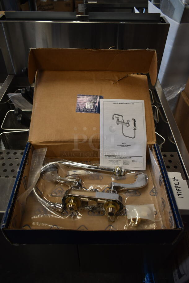 BRAND NEW SCRATCH AND DENT! T&S B-1141-04 Deck Mount Workboard Faucet with 4" Centers, 5 3/4" Gooseneck Spout, 4" Wrist Action Handles, Escutcheon, and Tailpieces - Image 2 of 5