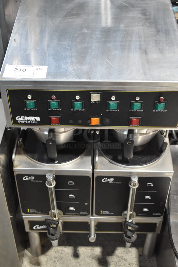Curtis GEM-312IL-10 Stainless Steel Commercial Double Coffee Machine w/ 2 Server Satellites and 2 Metal Brew Baskets. 220 Volts.  - Image 1 of 7