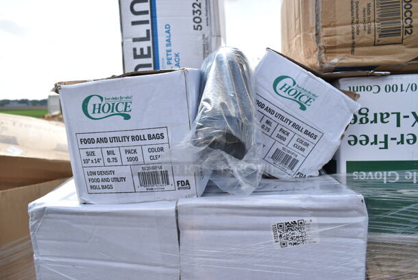 PALLET LOT of 31 BRAND NEW Boxes Including 95HT1R Dart 95HT1R 9 1/2" x 9" x 3" White Foam Square Take Out Container with Hinged Lid - 200/Case, 626NSL Solo 626NSL Prima PET Plastic Cold Cup Strawless Lid - 1000/Case, 433TRAYT0608 EcoChoice 8" x 6" Molded Fiber / Pulp Rectangular Tray - 500/Case, 451204C Polar Tech Thermo Chill Insulated Shipping Box with Foam Container 8" x 6" x 4 1/4" - 12/Case, 50012W Choice 12 oz. White Poly Paper Hot Cup - 1000/Case, 500MFT Lavex White M-Fold (Multifold) Towel - 4000/Case, 394365XL Noble Products Powder-Free Disposable Clear Vinyl Gloves for Foodservice - Extra Large - 1000/Case, 2 Box 182RRF14 Choice 10" x 14" Plastic Food Bag On A Roll - 1000/Case, 347WG2P5 Visions 5 oz. Heavy Weight Clear 2-Piece Plastic Wine Goblet - 360/Case, 3 Box 500CC07 Choice 7 oz. Clear PET Plastic Cold Cup - 1000/Case, 4 Box 395TO961 EcoChoice 9" x 6" x 3" Compostable Sugarcane / Bagasse 1 Compartment Take-Out Container - 200/Case, 5001RT800B Lavex 8" White Hardwound Paper Towel, 800 Feet / Roll - 6/Case. 31 Times Your Bid!  - Image 10 of 12