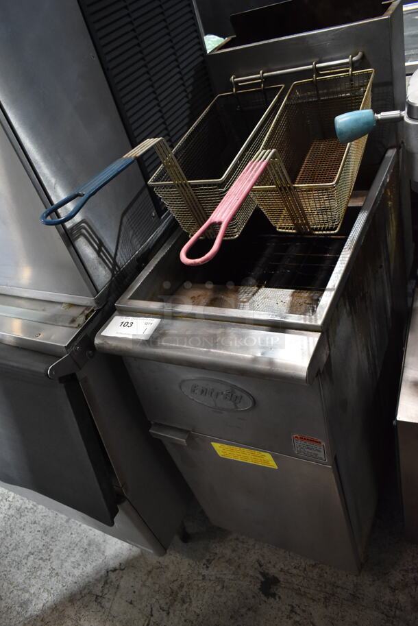 Entree F4-N Stainless Steel Commercial Floor Style Natural Gas Powered Deep Fat Fryer w/ 2 Metal Fry Baskets. 120,000 BTU.  - Image 1 of 6