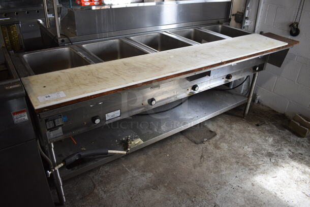 Eagle Stainless Steel Commercial Floor Style 5 Well Steam Table w/ Cutting Board and Under Shelf. 208-240 Volts, 1 Phase. 80x33x35.5