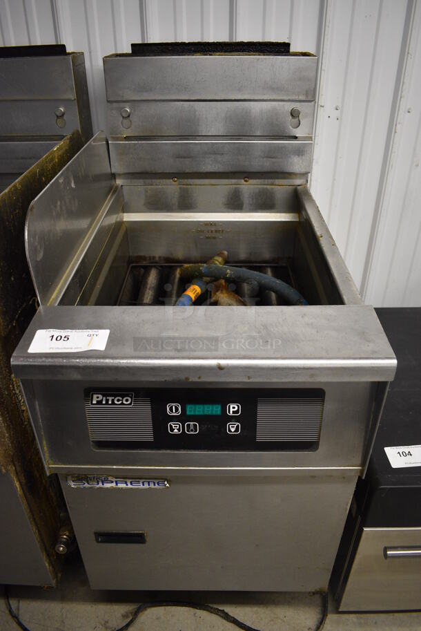 Pitco Frialator Solstice Supreme Stainless Steel Commercial Floor Style Deep Fat Fryer w/ Left Side Splash Guard and Gas Hose on Commercial Casters. 19.5x39x47