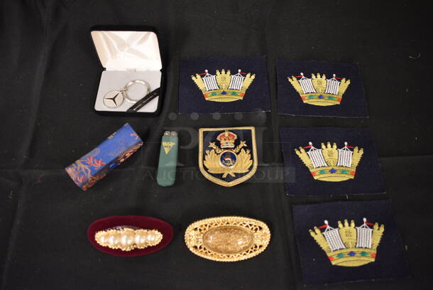 ALL ONE MONEY! Lot of Various Items Including 2 Brooches, Case, Lighter, Mercedes Benz Keychain, Royal Naval Coronet Patches