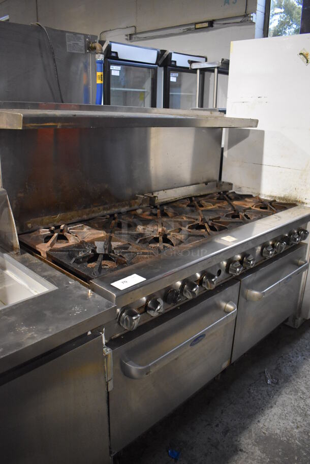 Cook Rite Stainless Steel Commercial Natural Gas Powered 10 Burner Range w/ 2 Ovens, Over Shelf and Back Splash on Commercial Casters. 60x32x58