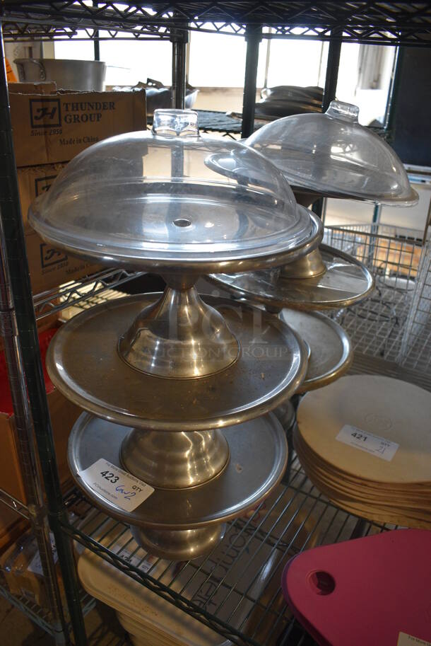 6 Metal Cake Stands w/ 2 Clear Poly Dome Covers. 13x13x7. 6 Times Your Bid!