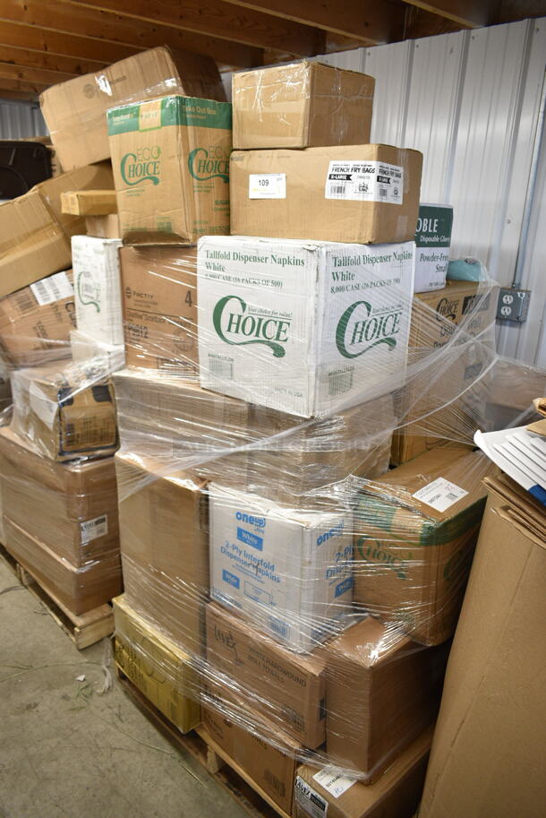 PALLET LOT of 20 BRAND NEW Boxes Including 966UPWIDEB OneUp by Choice White 1-Ply Wide Interfold 6 1/2" x 8 1/2" Dispenser Napkin - 6000/Case, 2 Box 5001RT800B Lavex 8" White Hardwound Paper Towel, 800 Feet / Roll - 6/Case, 5014046XXH Lavex Pro 45 Gallon 3 Mil 40" x 46" Low Density Heavy-Duty Industrial Contractor Black Trash Bag / Can Liner - 50/Case, 395TO961 EcoChoice 9" x 6" x 3" Compostable Sugarcane / Bagasse 1 Compartment Take-Out Container - 200/Case, Noble Small Gloves, Choice 10 oz Double Wall Paper Hot Cups, 150XLFFBAG Carnival King 6" x 3/4" x 6 1/2" Sandwich / Extra Large French Fry Bag - 2000/Case, P9812 Pactiv ClearView Smart Lock Caterware, 127DM16BULK Choice 16 oz. Ultra Clear PET Plastic Round Deli Container - 500/Case. 20 Times Your Bid! - Image 1 of 11
