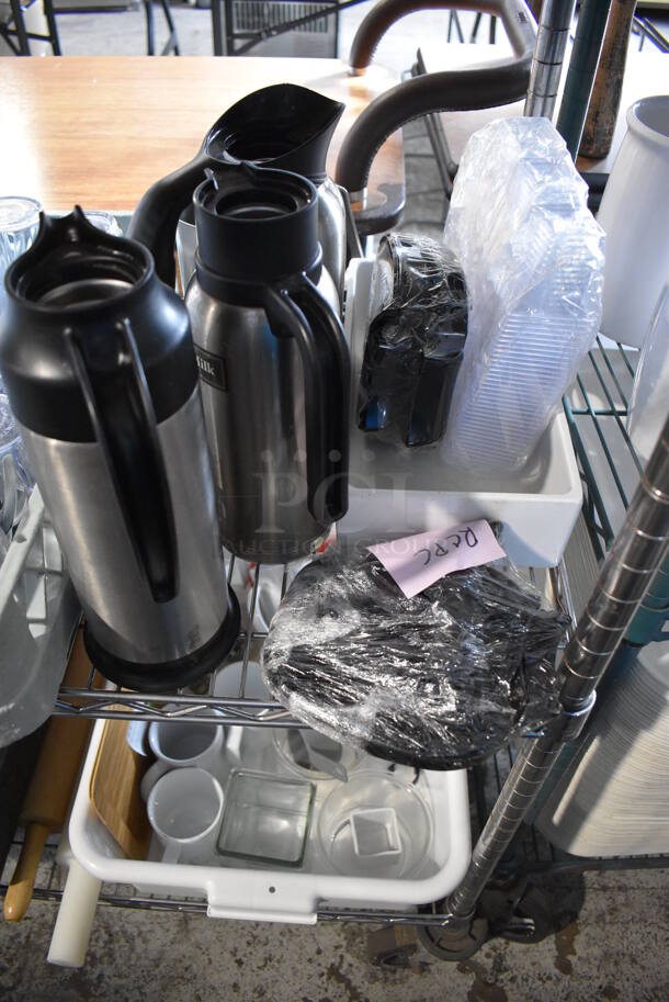 ALL ONE MONEY! Lot of Chrome Finish 5 Tier Shelving Unit on Commercial Casters w/ Contents Including Poly Beverage Tumblers, Coffee Urns, Mesh Baskets, Bus Bins, Utensils and Ceramic Mugs. BUYER MUST DISMANTLE. PCI CANNOT DISMANTLE FOR SHIPPING. PLEASE CONSIDER FREIGHT CHARGES. 48x18x75 - Image 9 of 12