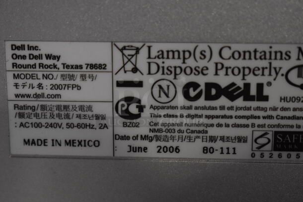 3 Various Computer Monitors; Dell 2007FPb 20", Dell 1907FPc 19", Dell 1908FPt 19". 100-240 Volts, 1 Phase. 3 Times Your Bid! - Image 6 of 8