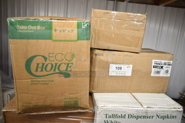PALLET LOT of 20 BRAND NEW Boxes Including 966UPWIDEB OneUp by Choice White 1-Ply Wide Interfold 6 1/2" x 8 1/2" Dispenser Napkin - 6000/Case, 2 Box 5001RT800B Lavex 8" White Hardwound Paper Towel, 800 Feet / Roll - 6/Case, 5014046XXH Lavex Pro 45 Gallon 3 Mil 40" x 46" Low Density Heavy-Duty Industrial Contractor Black Trash Bag / Can Liner - 50/Case, 395TO961 EcoChoice 9" x 6" x 3" Compostable Sugarcane / Bagasse 1 Compartment Take-Out Container - 200/Case, Noble Small Gloves, Choice 10 oz Double Wall Paper Hot Cups, 150XLFFBAG Carnival King 6" x 3/4" x 6 1/2" Sandwich / Extra Large French Fry Bag - 2000/Case, P9812 Pactiv ClearView Smart Lock Caterware, 127DM16BULK Choice 16 oz. Ultra Clear PET Plastic Round Deli Container - 500/Case. 20 Times Your Bid! - Image 11 of 11