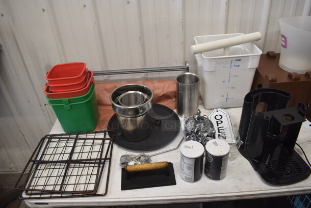 ALL ONE MONEY! Table and Floor Lot Including Chalkboard, Receipt Paper, Cash Drawer, Sanitizing Buckets, Hose, Lid, Sheet Pans and MORE! - Image 4 of 8