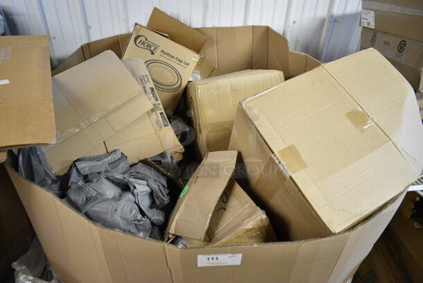PALLET LOT of 13 BRAND NEW Boxes Including 433NHT006 Choice Extra Large Size Grey "Thank You" Medium-Duty Plastic T-Shirt Bag - 450/Case, 127PL400 Choice Portion Cup Lids, 127DM16COMBO 6 oz. Ultra Clear Recycled PET Plastic Round Deli Container Lid Combo, Choice Clear 9" Plastic Plates. 13 Times Your Bid! - Image 1 of 10