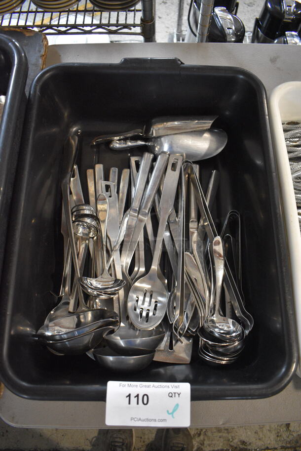ALL ONE MONEY! Lot of Various Metal Utensils Including Serving Spoons and Ladles in Black Poly Bus Bin!
