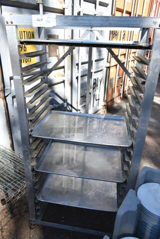 Metal Commercial Pan Transport Rack on Commercial Casters w/ 4 Metal Baking Pans. 