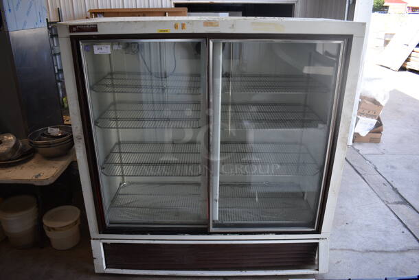 Powers Metal Commercial 2 Door Reach In Cooler Merchandiser w/ Racks. 72x31x75. Tested and Powers On But Does Not Get Cold
