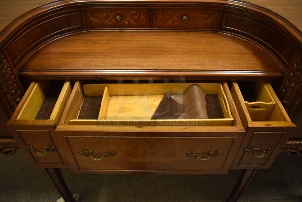 Ornate Hard Wood Victorian Style Writing Spinet Desk w/ 5 Drawers and 2 Cabinets. - Image 7 of 10