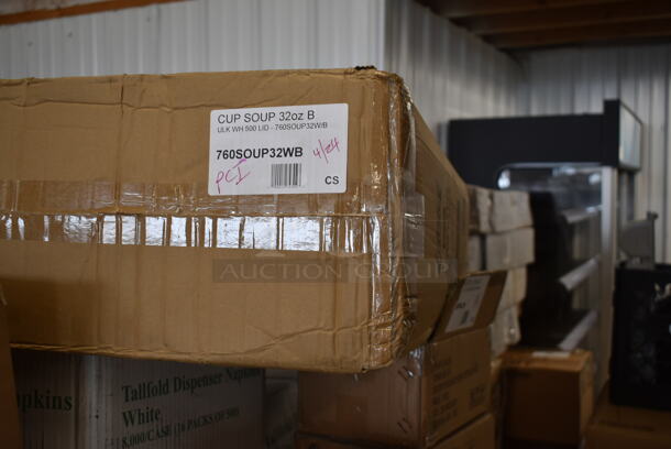PALLET LOT of 25 BRAND NEW Boxes Including 2 Box 760SOUP6WB Choice 6 oz. White Double Poly-Coated Paper Food Cup - 1000/Case, 50010W Choice 10 oz. White Poly Paper Hot Cup - 1000/Case, 760SOUP32WB Choice 32 oz. White Double Poly-Coated Paper Food Cup - 500/Case, Choice Utility Roll Bags, 3 Box 5002TPJSELCM Lavex Select Compact Jumbo Jr. 550' 2-Ply Toilet Tissue Roll with 7" Diameter - 12/Case, 500LFLAT Choice 9, 12, 16, 20, and 24 oz. Clear Flat Lid with Straw Slot - 50/Pack, 109CARTBLGBK Choice Black Utility / Bussing Cart with Three Shelves - 42" x 20", SRKD-3 Speed Rail, 5008W Choice 8 oz. Tall White Poly Paper Hot Cup - 1000/Case, 3 Box 959SL24 Libbey SL-24 Slate 10 1/2" x 4 3/8" Ultra Bright White Wide Rim Rectangular Porcelain Plate - 12/Case, 2 Box Lavex Jumbo Toilet Paper, 3 Box 347TCL5 Choice 5 oz. Clear Disposable Plastic Tumbler - 500/Case, 966TALLFLDB Choice White Tall-Fold 6" x 13" Dispenser Napkin - 8000/Case 25 Times Your Bid! - Image 4 of 12