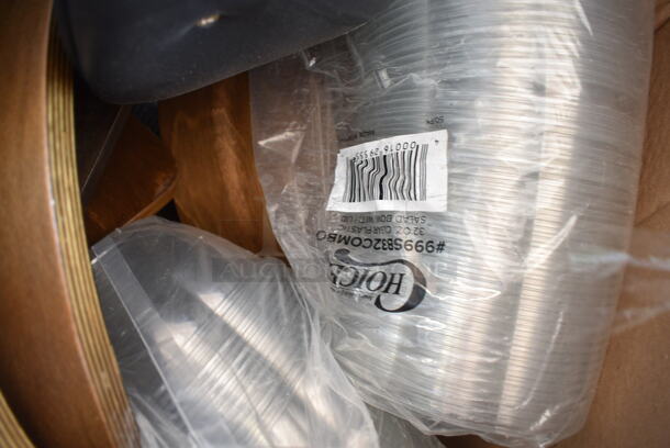 ALL ONE MONEY! PALLET LOT of Various BRAND NEW Boxes Including B24SB 24 oz. Black Square Plastic Bowl, 612509 Choice 9" Round Foil-Laminated Board Lid, 999RP10WHSS Visions Wave 10" White Plastic Plate, Wooden Back Rests for Chairs, 130BSSPOON Choice Medium Weight Black Plastic Soup Spoon - 1000/Case, Dart 205HT2 9" x 6" x 3" White Foam 2 Compartment Take Out Container with Perforated Hinged Lid - 200/Case.  - Image 7 of 12