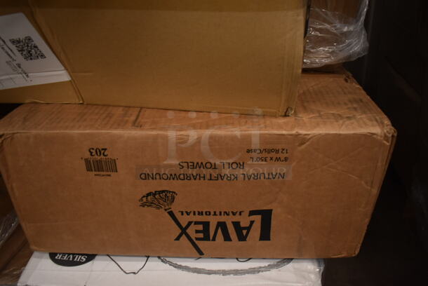 PALLET LOT of 29 BRAND NEW Boxes Including Enjay Gold Embossed Rounds, Lavex Natural Hardwound Roll Towels, 2 Box Silver Visions Cutlery, 612FFL1230 Choice Foil Steam Table Pan Lid - Full Size - 50/Case, 2 Box 500TW10 Choice 10 oz. Translucent Thin Wall Plastic Cold Cup - 2500/Case, 2 Box Dart 10CPWQR Quiet Classic 10 1/4" 3 Compartment White Laminated Round Foam Plate - 500/Case, 3052116 Plastic Kids Cup with Reusable Lid and Curly Straw - 250/Case, 394360M Noble Products Powdered Disposable Vinyl Gloves for Foodservice - 1000/Case, Choice 1 oz Portion Cups, 500CC9 Choice 9 oz. Clear PET Customizable Plastic Squat Cold Cup - 1000/Case, 760SOUP6WPL Choice 6 oz. White Double Poly-Coated Paper Food Cup with Vented Plastic Lid - 250/Case, 795KFTL32RPE Choice 16-32 oz. Round PET Take-Out Lid - 300/Case. 29 Times Your Bid!  - Image 3 of 12