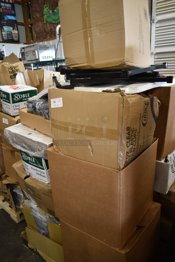 PALLET LOT of 21 BRAND NEW Boxes Including Choice Pizza Wedge Clamshell, CH32DEF Dart ClearPac SafeSeal 32 oz. Tamper-Resistant, Tamper-Evident Hinged Container with Flat Lid - 200/Case, Noble Medium Gloves, Yogurt Cups 6 oz. 21 Times Your Bid! - Image 1 of 10