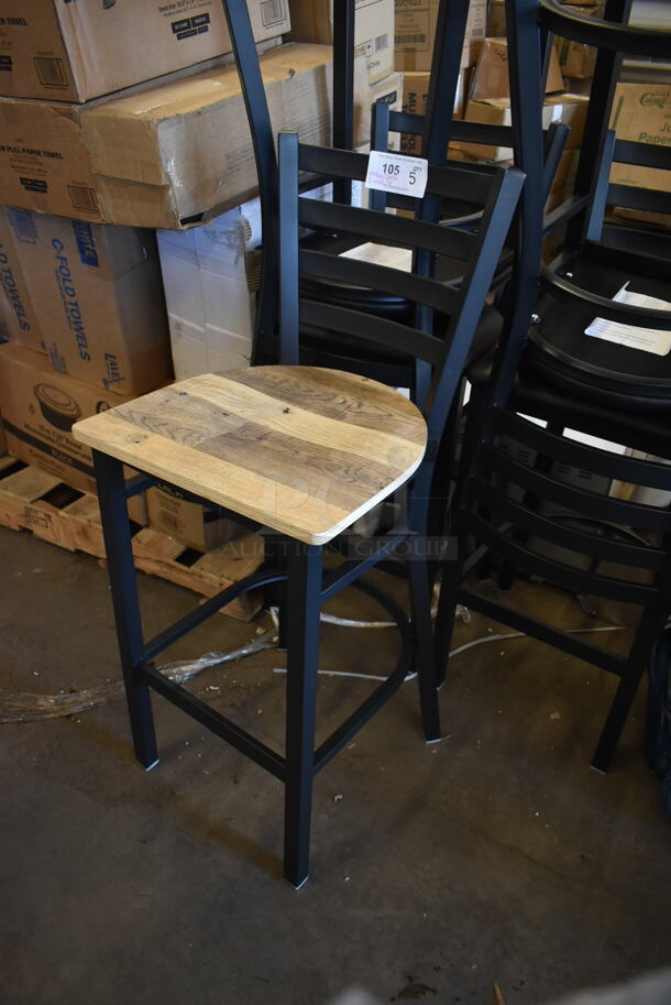 5 BRAND NEW SCRATCH AND DENT! Black Metal Bar Height Chairs; 4 w/ Black Seat Cushion and 1 w/ Wood Pattern Seat. 5 Times Your Bid! - Image 4 of 5