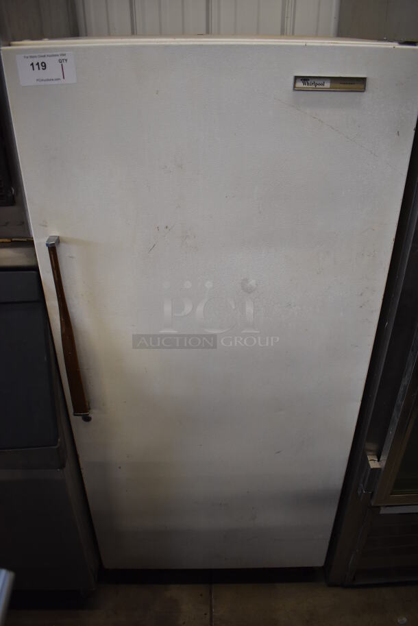 Whirlpool Metal Single Door Reach In Freezer. 29x27x66. Tested and Powers On But Does Not Get Cold