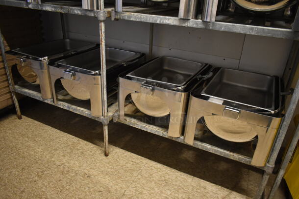 Chrome Finish 3 Tier Wire Shelving Unit w/ Contents Including Chafing Dishes. BUYER MUST REMOVE: BUYER MUST DISMANTLE. PCI CANNOT DISMANTLE FOR SHIPPING. PLEASE CONSIDER FREIGHT CHARGES. (hallway) - Image 4 of 4