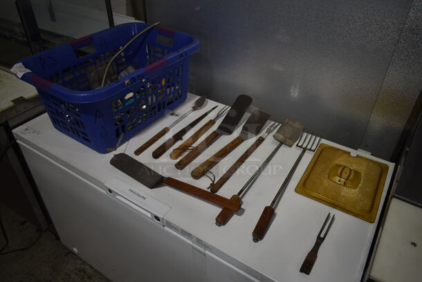 ALL ONE MONEY! Lot of Various Items Including Utensils; Spatulas, Steak Forks and Blue Basket