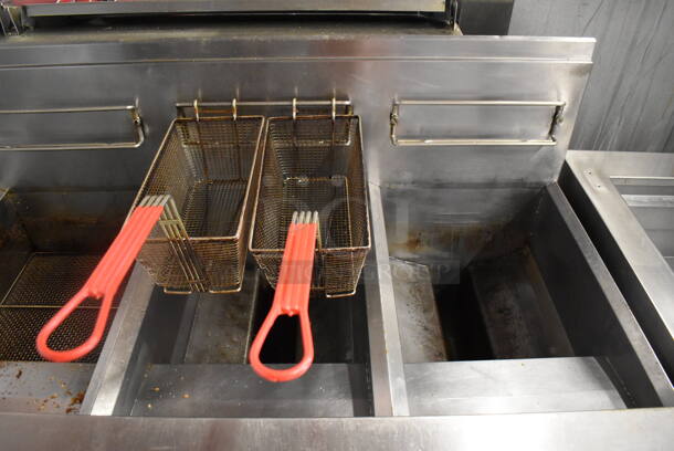 Frymaster FPH350SC Stainless Steel commercial Natural Gas Powered 3 Bay Deep Fat Fryer w/ 2 Metal Fry Baskets on Commercial Casters. 80,000 BTU. 47x32x47 - Image 3 of 10