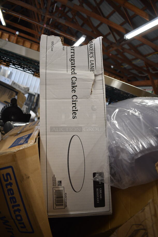 PALLET LOT of 20 BRAND NEW Boxes Including 433LSLCPIE Choice 5" Clear Hinged Slice Container with Low Dome Lid, Noble X Large Gloves, Dart C57PST1 ClearSeal Hinged Lid Plastic Container 6" x 5 13/16" x 3" - 500/Case, 6x6 Sandwich Trays, 127DM32COMBO Choice 32 oz. Ultra Clear Recycled PET Plastic Round Deli Container and Lid Combo - 250/Case, Steelton Utility Wire Shelf Kit, 245CCGR12BL Baker's Lane 12" White Corrugated Grease-Resistant Cake Circle - 100/Case. 20 Times Your Bid!  - Image 12 of 12