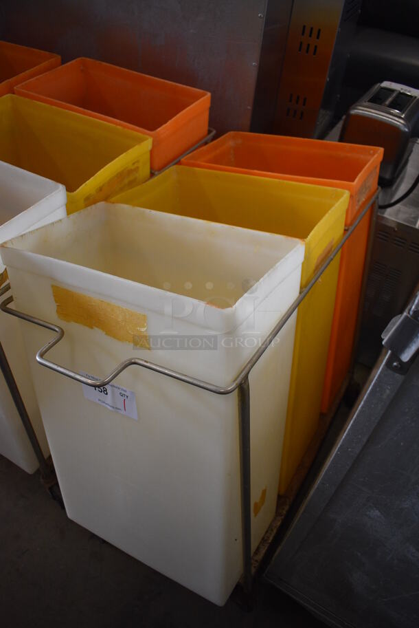 Three Poly Ingredient Bins; White, Yellow and Orange in Metal Frame on Commercial Casters. No Lids. Missing 1 Caster. 15x32x28 - Image 2 of 3
