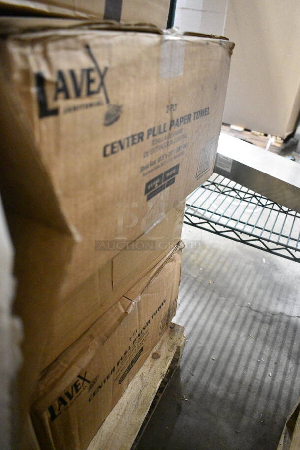 PALLET LOT of 45 BRAND NEW Boxes Including 5002386022BLK Lavex 55-60 Gallon 22 Micron 38" x 60" High Density Black Janitorial Can Liner / Trash Bag - 150/Case, 394365L Noble Products Powder-Free Disposable Clear Vinyl Gloves for Foodservice - Large - 1000/Case, 2 Box 130BSPOON Choice Medium Weight Black Plastic Teaspoon - 1000/Case, 394325L Noble NexGen Powder-Free Disposable Blue Hybrid 3 Mil Thick Gloves - 1000/Case, 5002CPTE Lavex 2-Ply White Center Pull Paper Towel 510' Roll - 6/Case, 612558HD Choice 8" Round Heavy Weight Foil Take-Out Pan - 500/Case, 3 Box Lavex Hardwound 665' Rolls, 128HD32COMBO ChoiceHD 32 oz. Microwavable Translucent Plastic Deli Container and Lid Combo Pack - 240/Case, 2 Box 346WKFSNSPM Choice White Medium Weight Wrapped Plastic Cutlery Pack with Napkin and Salt / Pepper Packets - 500/Case, 500CC12 Choice Clear PET Customizable Plastic Cold Cup - 12 oz. - 1000/Case, Tellus Round Domed Lids, 407PZS12BULK Choice Bulk 12" Aluminum Pizza Screen - 24/Case, 130LID16 Visions 16" Clear PET Plastic Round Catering Tray High Dome Lid - 25/Case. 45 Times Your Bid!  - Image 2 of 12
