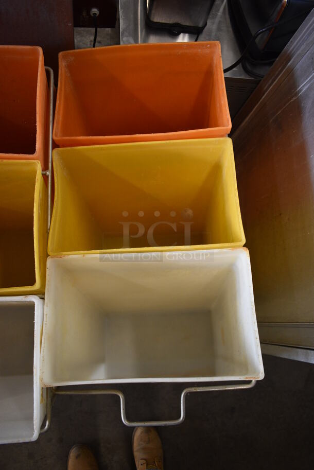 Three Poly Ingredient Bins; White, Yellow and Orange in Metal Frame on Commercial Casters. No Lids. Missing 1 Caster. 15x32x28 - Image 3 of 3