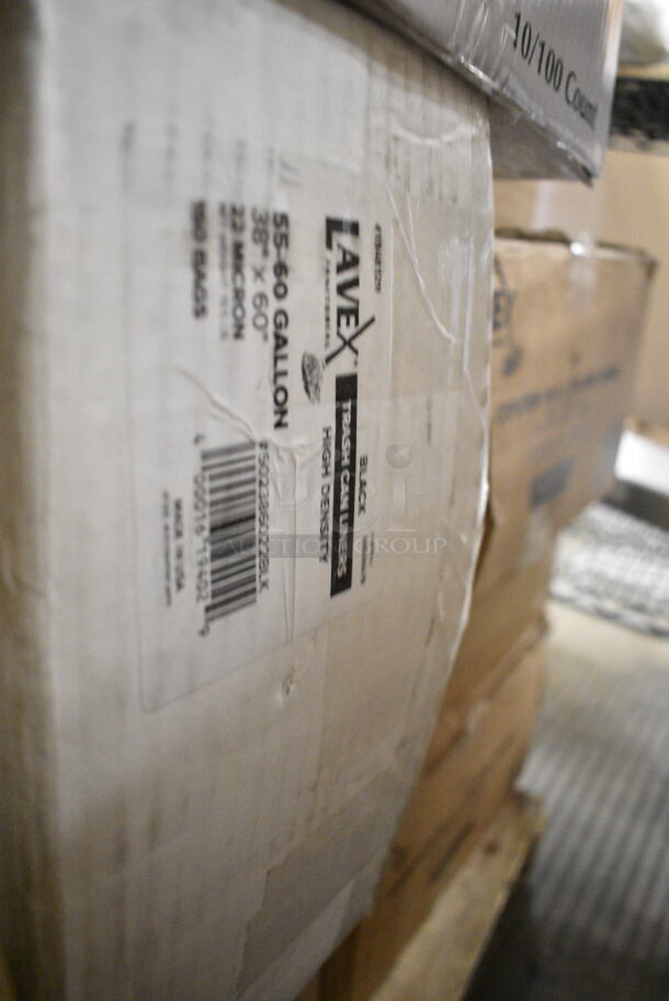 PALLET LOT of 45 BRAND NEW Boxes Including 5002386022BLK Lavex 55-60 Gallon 22 Micron 38" x 60" High Density Black Janitorial Can Liner / Trash Bag - 150/Case, 394365L Noble Products Powder-Free Disposable Clear Vinyl Gloves for Foodservice - Large - 1000/Case, 2 Box 130BSPOON Choice Medium Weight Black Plastic Teaspoon - 1000/Case, 394325L Noble NexGen Powder-Free Disposable Blue Hybrid 3 Mil Thick Gloves - 1000/Case, 5002CPTE Lavex 2-Ply White Center Pull Paper Towel 510' Roll - 6/Case, 612558HD Choice 8" Round Heavy Weight Foil Take-Out Pan - 500/Case, 3 Box Lavex Hardwound 665' Rolls, 128HD32COMBO ChoiceHD 32 oz. Microwavable Translucent Plastic Deli Container and Lid Combo Pack - 240/Case, 2 Box 346WKFSNSPM Choice White Medium Weight Wrapped Plastic Cutlery Pack with Napkin and Salt / Pepper Packets - 500/Case, 500CC12 Choice Clear PET Customizable Plastic Cold Cup - 12 oz. - 1000/Case, Tellus Round Domed Lids, 407PZS12BULK Choice Bulk 12" Aluminum Pizza Screen - 24/Case, 130LID16 Visions 16" Clear PET Plastic Round Catering Tray High Dome Lid - 25/Case. 45 Times Your Bid!  - Image 3 of 12