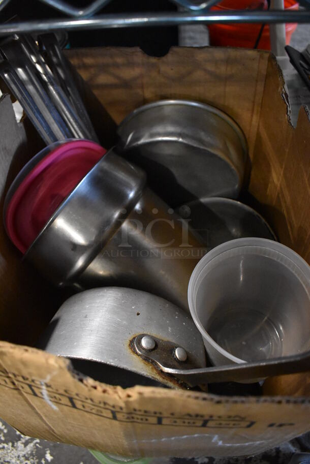 ALL ONE MONEY! Tier Lot of Various Items Including Plastic Lids, Coffee Pot, Hard Hat and Metal Bins - Image 5 of 9