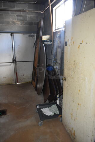 ALL ONE MONEY! ROOM LOT of Folding Tables and Dolly. BUYER MUST REMOVE. (hallway)