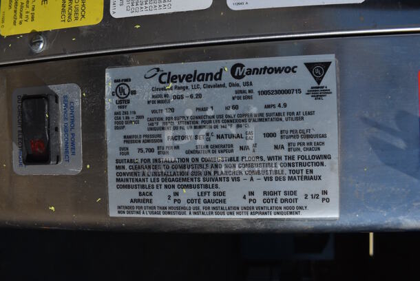 Cleveland Model OGS-6.20 Stainless Steel Commercial Natural Gas Combitherm Convection Oven w/ View Through Door. 75,700 BTU. 48x41x38 - Image 6 of 6