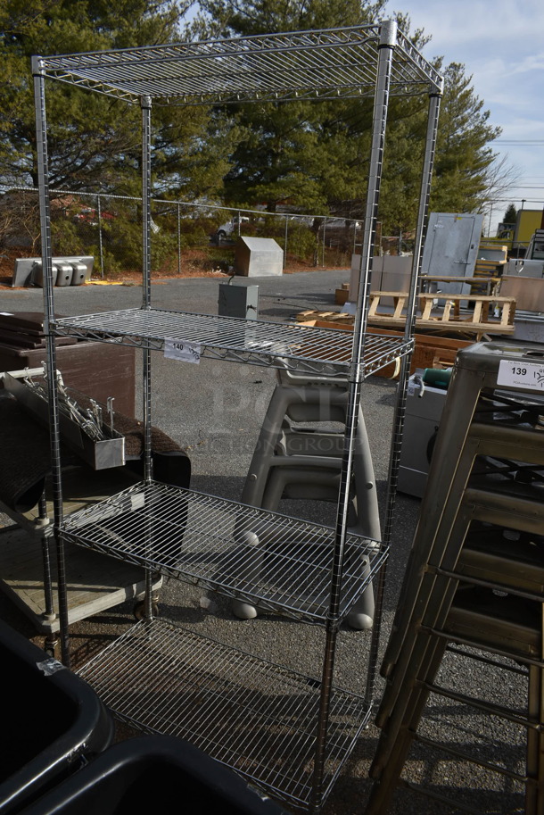 Chrome Finish 4 Tier Wire Shelving Unit. BUYER MUST DISMANTLE. PCI CANNOT DISMANTLE FOR SHIPPING. PLEASE CONSIDER FREIGHT CHARGES. - Image 1 of 1