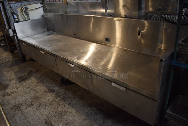 Delfield Stainless Steel Commercial Equipment Stand w/ 4 Drawers, Back Splash and Side Splash Guards on Commercial Casters. 120x30x40