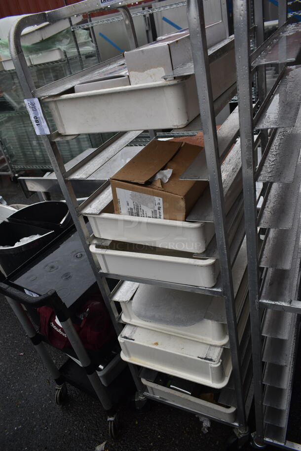 Channel Metal Commercial Pan Transport Rack w/ Contents Including 6 White Poly Dough Bins on Commercial Casters. - Image 2 of 3