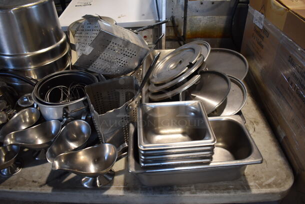 ALL ONE MONEY! Tabletop Lot of Various Metal Items Including Cylindrical Drop In Bins and Drop In Bins - Image 4 of 5
