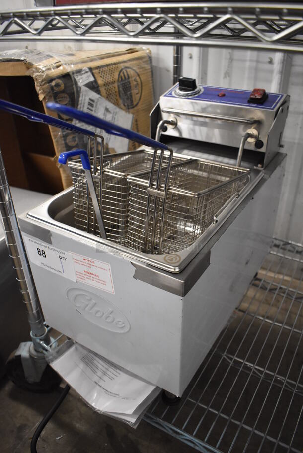 LIKE NEW! Globe PF16E Stainless Steel Countertop Electric Powered Fryer w/ 2 Metal Fry Baskets. Unit Has Only Been Used a Few Times! 208/240 Volts, 1 Phase. 11x18x18. Tested and Working! - Image 2 of 6