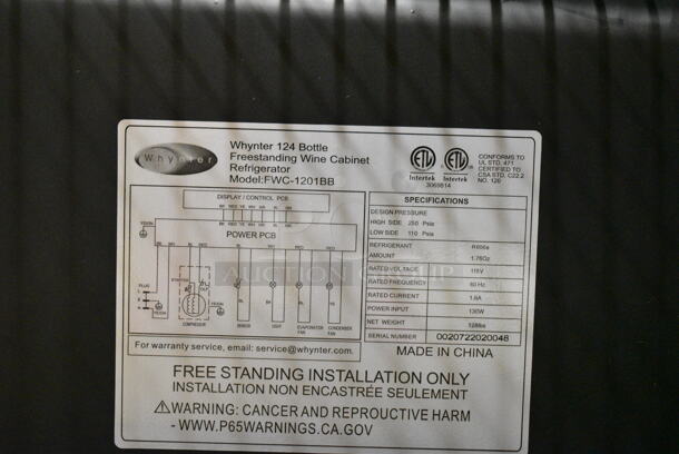 BRAND NEW SCRATCH AND DENT! Whynter FWC-1201BB Metal Freestanding 34 Bottle Wine Cooler Merchandiser w/ Touch Screen. 115 Volts, 1 Phase. Tested and Working! - Image 6 of 6