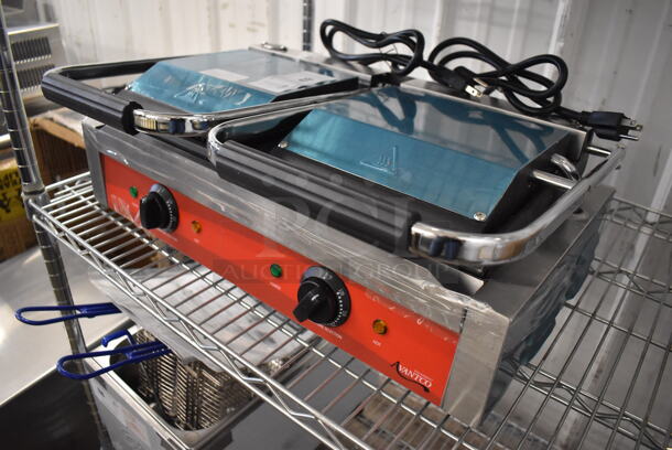 BRAND NEW! Avantco P88SG Stainless Steel Commercial Countertop Double Panini Press Sandwich Grill with Grooved Plates. 120 Volts, 1 Phase. 23x15x8. Tested and Working! - Image 2 of 8